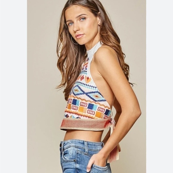 Altar'd States Hippy Bohemian Coastal Beachy Colorful Embroidered Halter, Sz. S - Picture 2 of 10